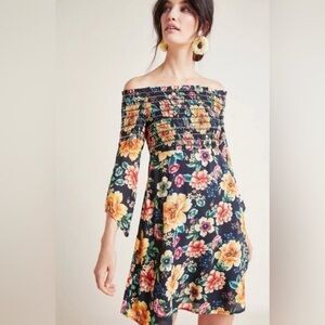 Farm Rio Anthropologie Dress Mini Smocked Dainty Off Shoulder Black Size Small P